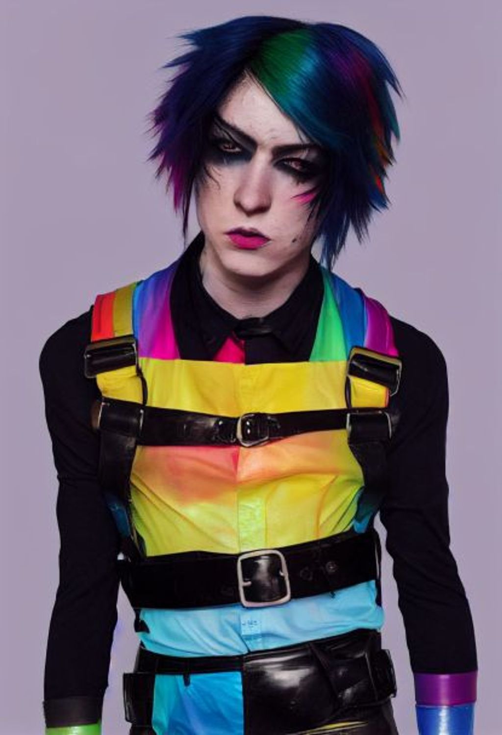 Prompt: full body character concept, emo young man wearing black body harness, bound in rainbow latex, scene hairstyle streaked with rainbow colors, missing shirt, Emo Punk Rock Long Sleeve Fingerless gloves, long black and white striped stockings, black eye shadow,