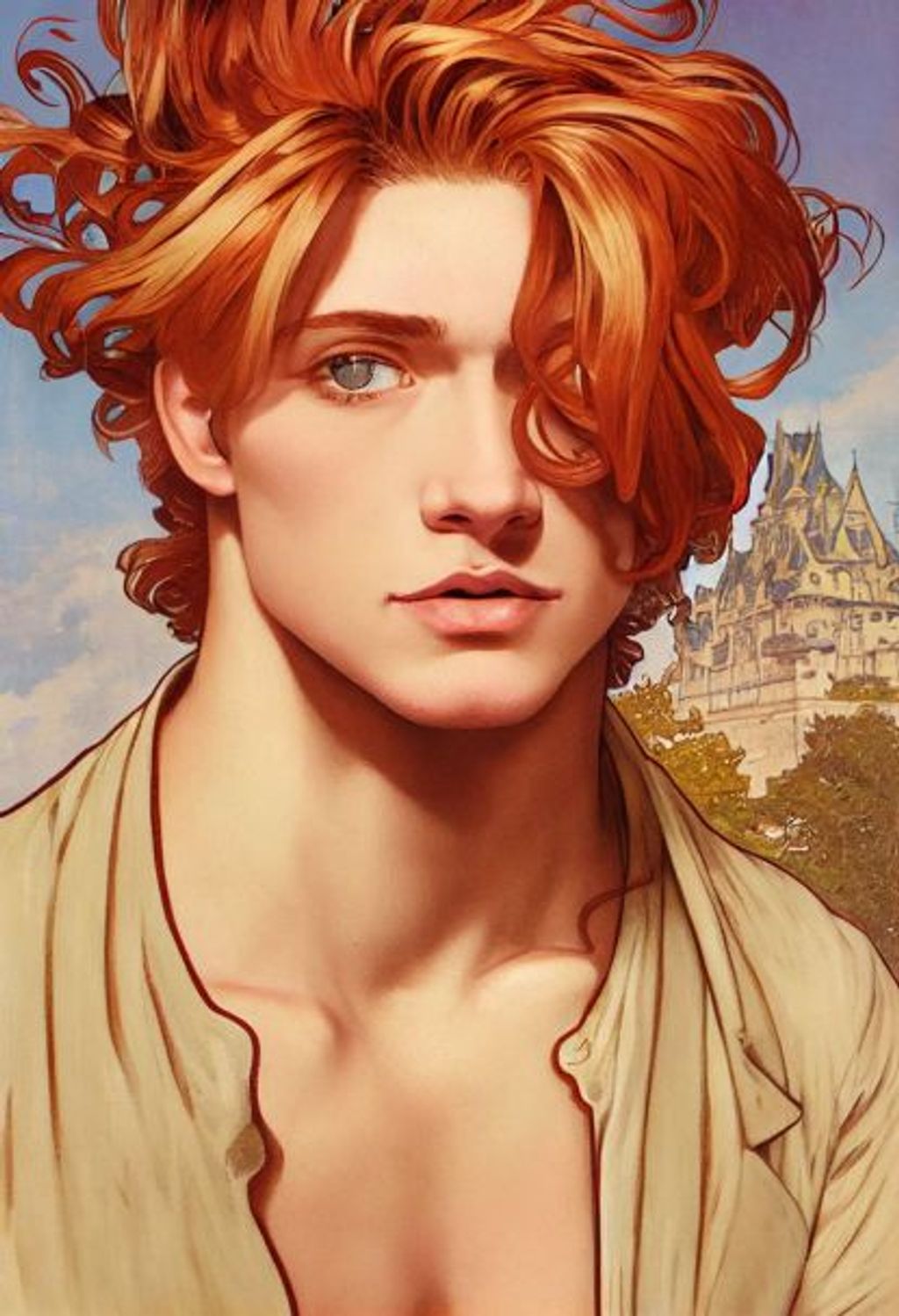 Prompt: ginger man with medium wavey hair over one eye training infront of a castle + flirty pout on face 20 years old Thin eyebrows + Light brown eyes + barechested + breathtaking macho manly tanned muscular man+ detailed eye and facial features, painted by artgerm, Alphonse Mucha, Akihiko yoshida, sakimichan, krenz cushart, low angle shot, digital painting, art nouveau, bara manga graph, flirty, playful, hunk, macho, masculine, manly, sturdy body, bodybuilder, gogoboy, full-body, focus on Lower, bara, gay, gaybear, hairy-bear, artbreeder, lovely atmosphere, great composition, by Jiraiya Canvasart, nippondanjijp, Gay Geek, gay cosplay, gay nerd, vivid cinematic lighting, cinematic shot, extremely cinematic, detail, realistic, Sony Alpha α7, featured on instagram Facebook pixiv Twitter