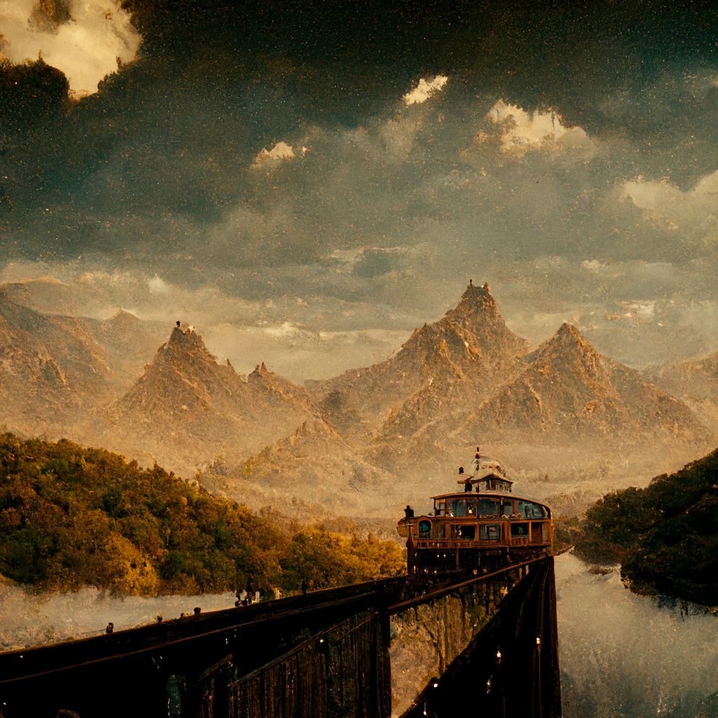 Prompt: Wes Anderson, train on bridge in mountains, photo realistic, cinematic lighting, quaint, intricate detail, 8k