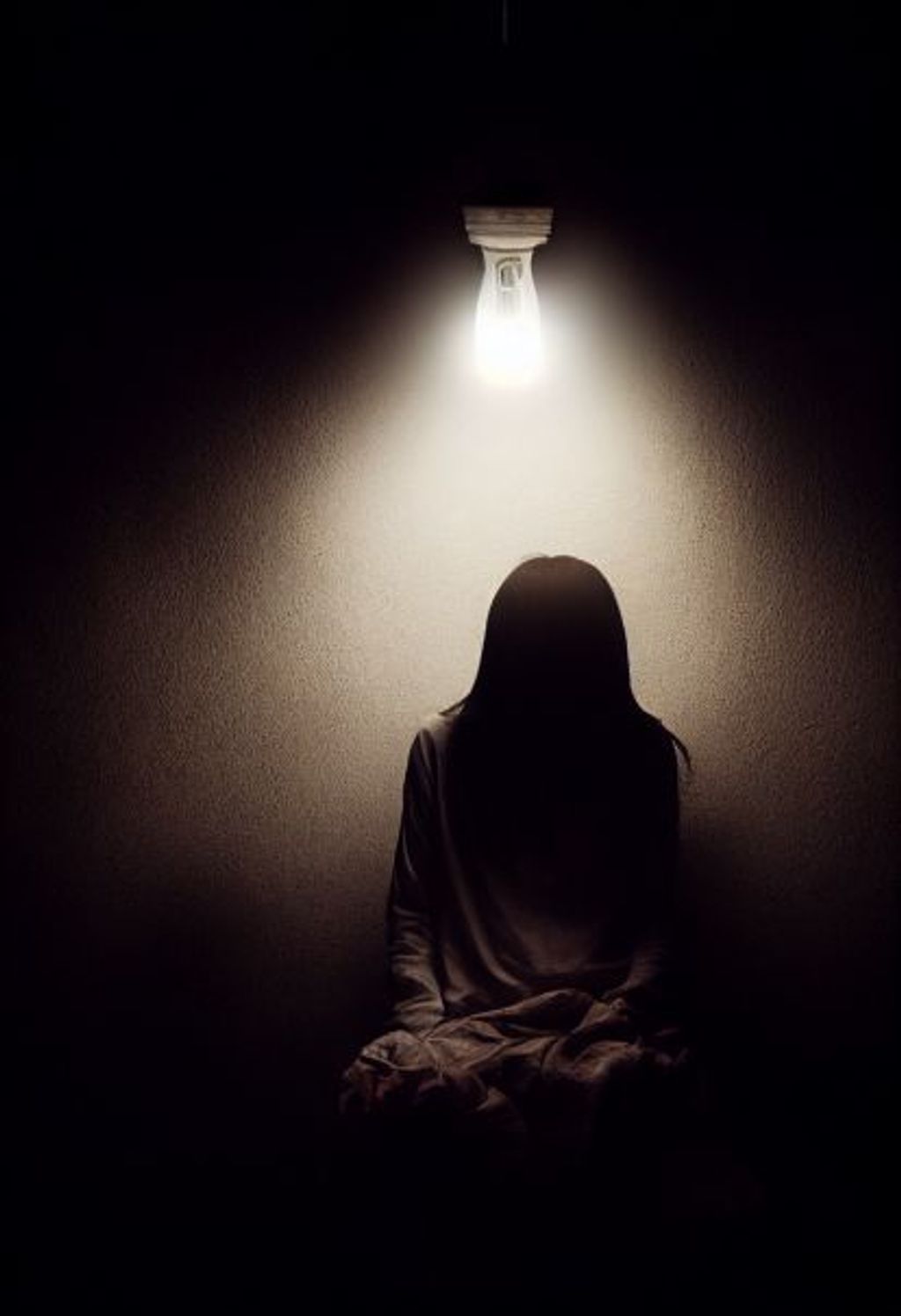 Prompt: a pitch black room with a single light bulb lighting the single person in the room, one person in middle of room under light, fear, terror, very dark