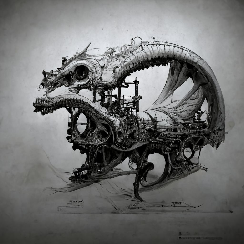 Prompt: whole mechanical dragon, black and white concept drawing 8k