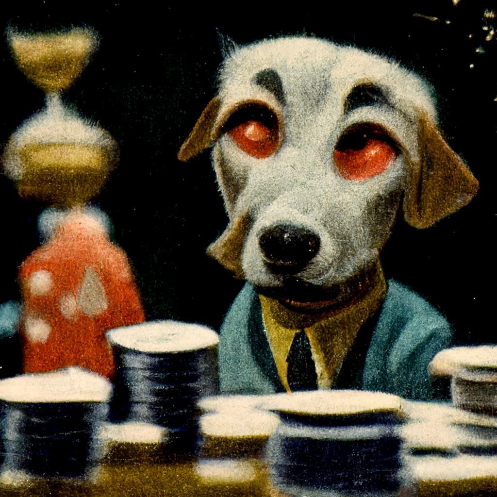 Prompt: dogs dressed as humans playing poker and smoking sigars around a table, 1950s max detail 8k