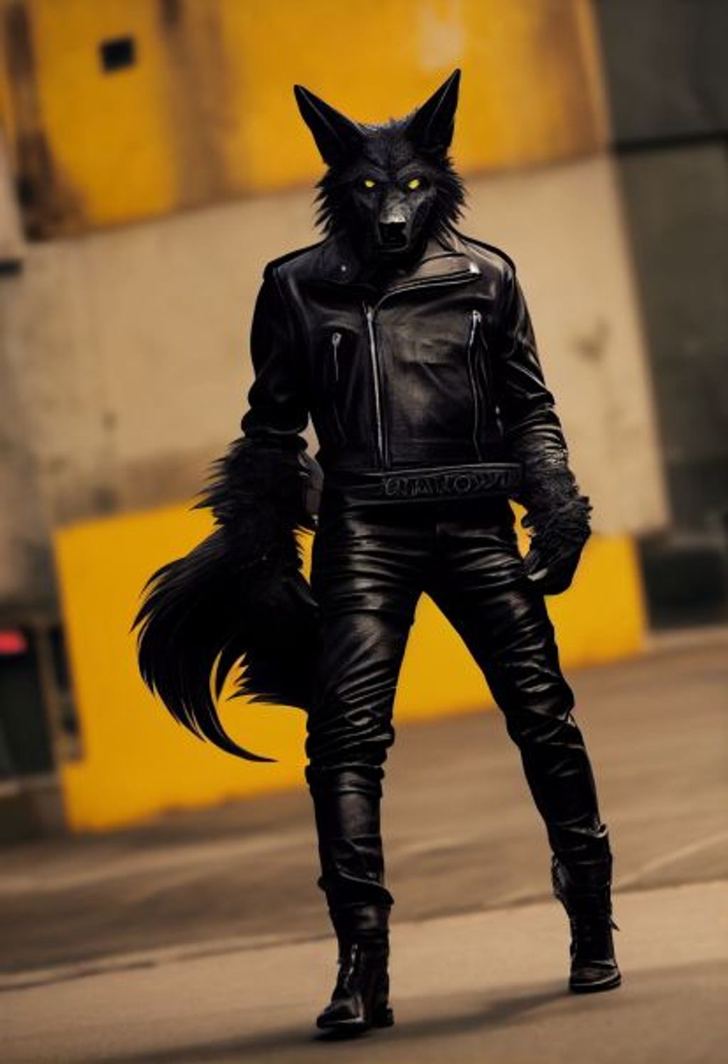 Prompt: full body character concept, a handsome Anthro werewolf with a tail in an open leather jacket and tight leather pants sitting on a motercycle, anthropromorphic, parking lot background, punk style, visual novel, flirty, romantic, devilish, coy, 70mm, high detail, Nikon D750, hyper detailed, photographic detail, UHD, unreal engine 5, headshot render,