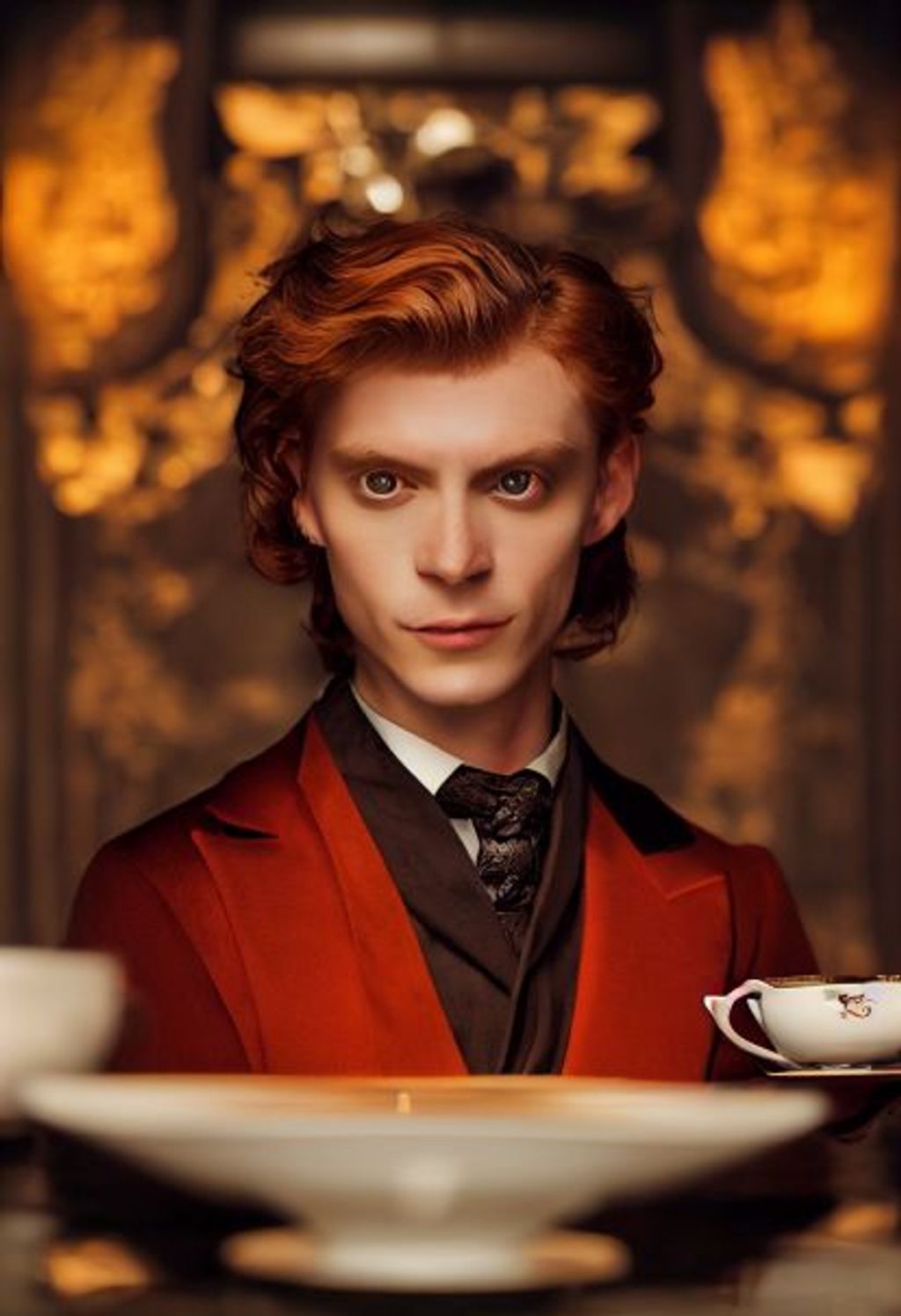 Prompt: full body charater concept, an upper class vampire drinking tea inside his mansion, pale skin, red eyes, long wavy ginger hair man, background + fancy tea table + fireplace + bats, classy, handsome, alluring eyes, charming, youthful, flirty, fancy, weathy, 70mm, high detail, Nikon D750, hyper detailed, photographic detail, UHD, unreal engine 5, headshot render, octance render, bokeh, style of Karol Bak + Charlie Bowater