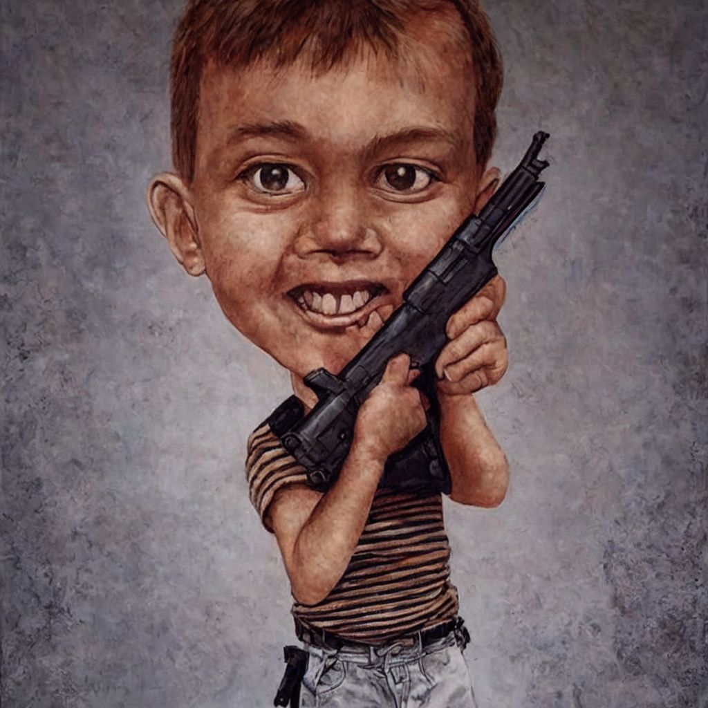 Prompt: Kid holding a gun to get some answers to your account, ultra realistic, studio, ultra high quality, oil painting, 12d render, 12k, ultra HD, ultra high HD 