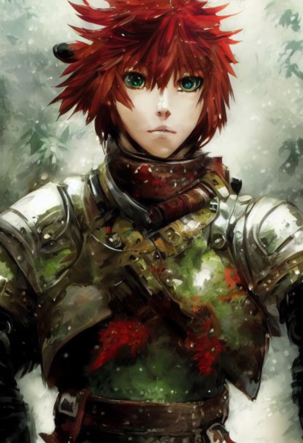 Prompt: full body character concept, a cute long ginger hair male, bright green anime eyes, wearing silver knight armor with red fur around the neck, background + battlefield + warfare + forest on fire, war, army, tough, flirty, handsome, style Yoji Shinkawa, style of Tony Taka, style of Mel Kishida, intricate details, graphic novel, soft colors, digital art 