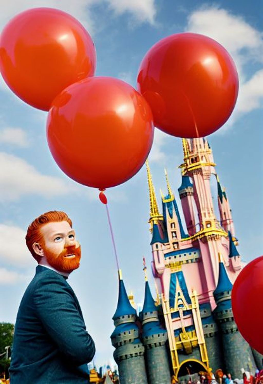 Prompt: handsome ginger men taking over walt disney world, world ginger day, young, narrow faces, flirty, fun, excitement, party, Background + mickey balloons + main street Cinderella Castle