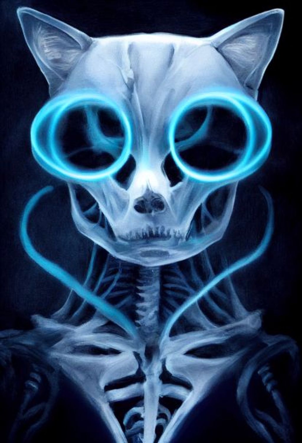 Prompt: anatomical realistic skeleton of a ghost cat with glowing blue eyes and blues wisps surrounding it, spooky, scary, horror, wisps of ghostly blue surrounding the cat, Night Time, Background + victorian london alleyway + cobblestone pathway, low lights, soft colors, soft coloring, digital painting,