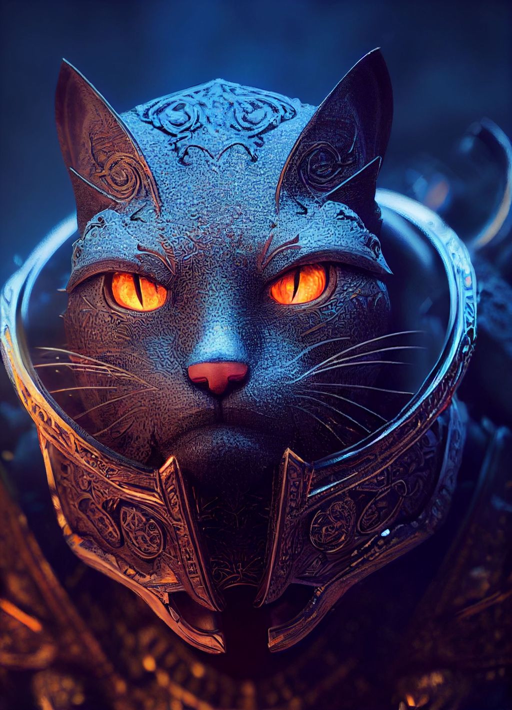 Prompt: Anthropomorphic majestic tomcat arcane Thaumaturgist mage, big red eyes, lots of details, portrait, finely detailed armor, cinematic lighting, intricate filigree metal design, 8k, unreal engine, octane render, realistic, vray