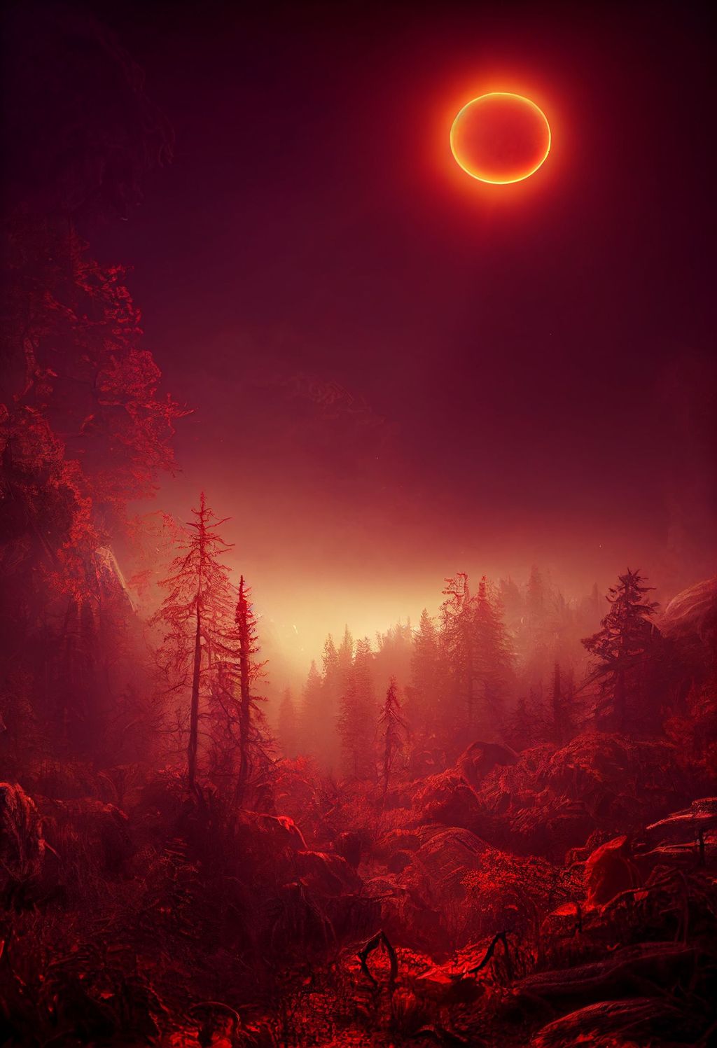 Prompt: View of the dark forest of the dying earth with a dark red sun , by Jack Vance, mystical, magical, hyperrealistic, sunny warm mood, fantasy, photorealistic, ultra-detailed, intricate details, unreal engine, octane render, volumetric lighting