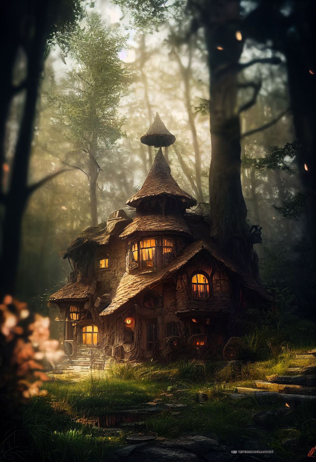 Prompt: The magician's house in the forest, mystical, magical, hyperrealistic, sunny warm mood, photorealistic, ultra-detailed, intricate details, unreal engine, octane render, volumetric lighting