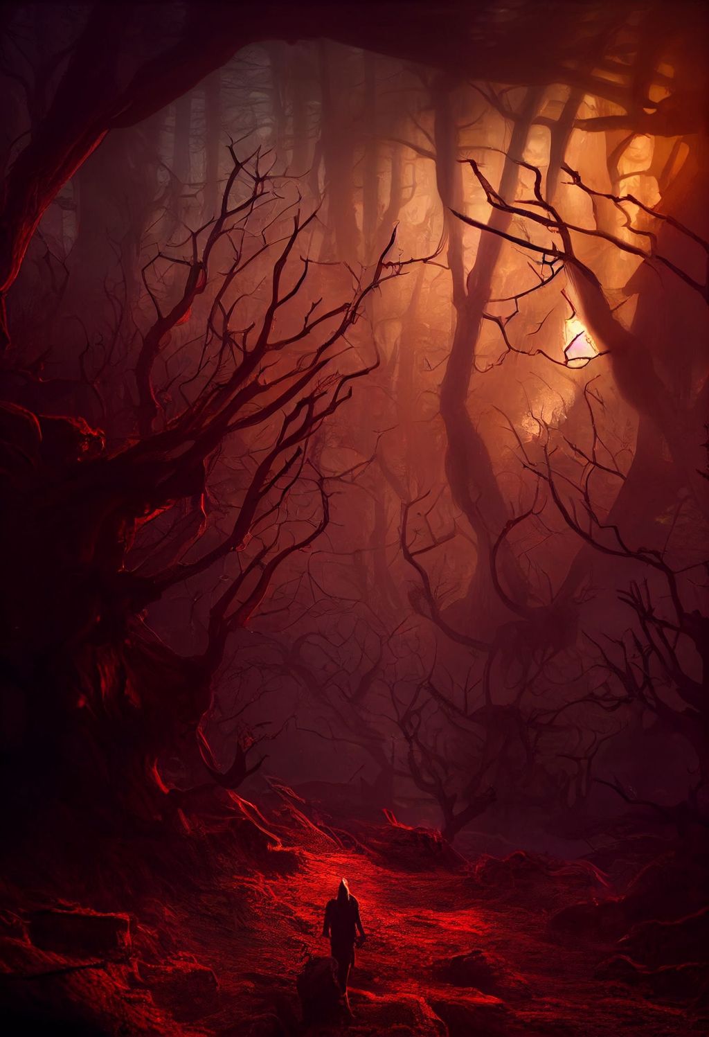 Prompt: Inside the dark forest of the dying earth with a dark red sun and mystical creatures, by Jack Vance, mystical, magical, hyperrealistic, sunny warm mood, fantasy, photorealistic, ultra-detailed, intricate details, unreal engine, octane render, volumetric lighting