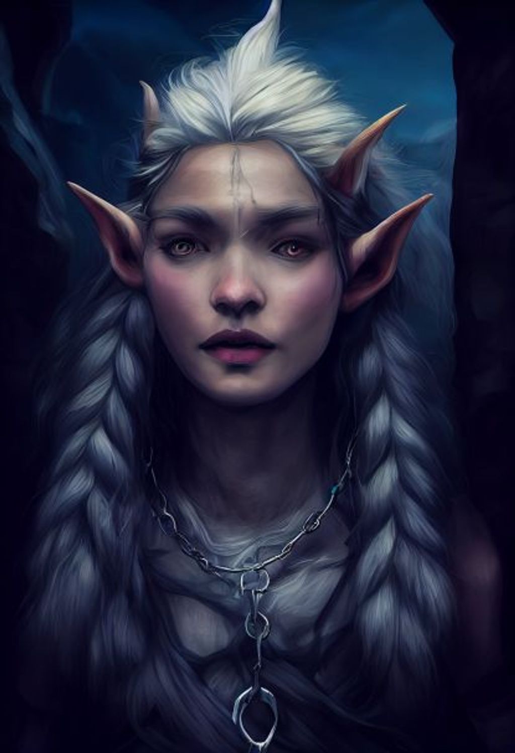 Prompt: charater concept, an elf chained to the wall in a deep dwarf mine, long beautiful silver hair, pointy ears, beautiful blue eyess, alluring eyes, Background + Deep dark mining cave, low dim light from candles, soft colors, LOTR, D&D, intricate details, 8k, cinamatic