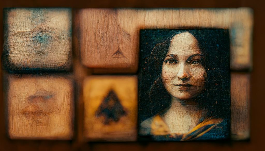 Prompt: mona lisa as a puzzle on a wooden table, octane 8k max detail