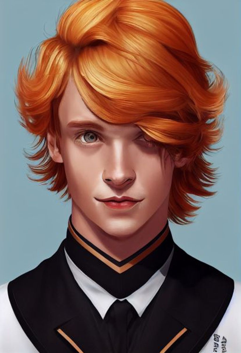 Prompt: Style of Argon/Exys Inc, a flirty ginger man pouting, light brown eyes, short wavy hair with hair over one eye, black college uniform with gold trim