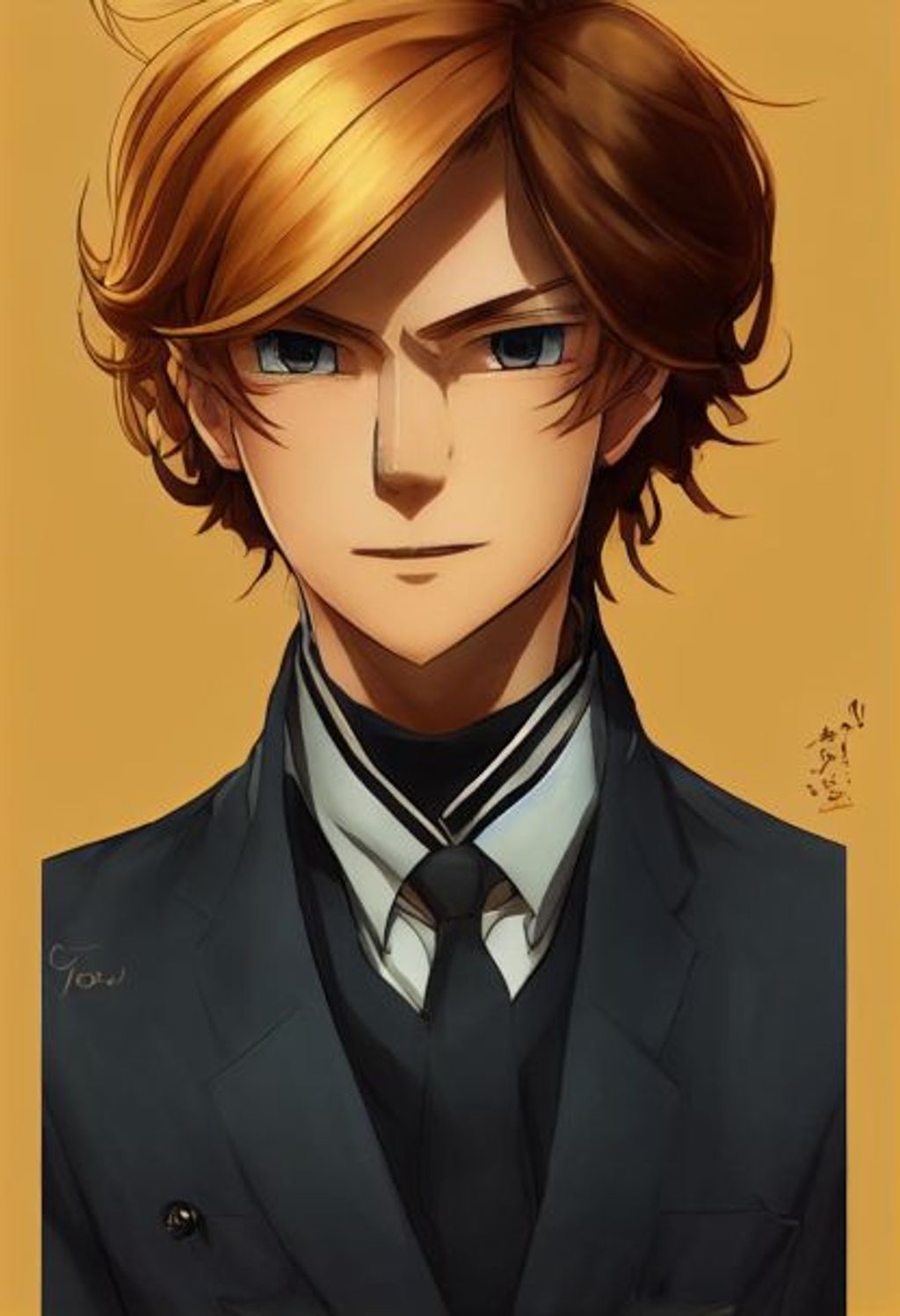 Prompt: Style of Kozaki Yusuke + Argon/Exys Inc, a flirty ginger man smirking, light brown eyes, short wavy hair with hair over one eye, black college uniform with gold trim