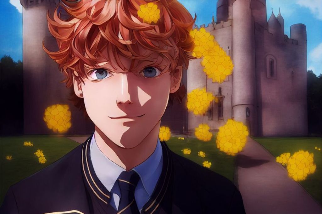 Prompt: Wide Angle Shot, Style of Kozaki Yusuke + Argon/Exys Inc, a flirty ginger man smirking, light brown eyes, short wavy hair with hair over one eye, black college uniform with gold trim, Background + Collage Campus Castle + Many Students + Beautiful gardens + flowers,