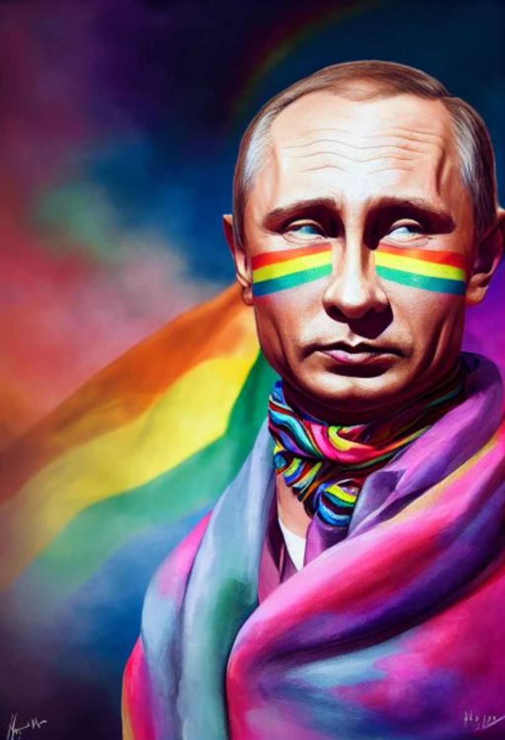 Prompt: charater concept, Putin with bright rainbow makeup on and a rainbow flag scarf around his neck, closing one eye and sticking out his tounge, flirty, bedazzle, glitter, glamor, soft colors, digital painting, Pride parade background