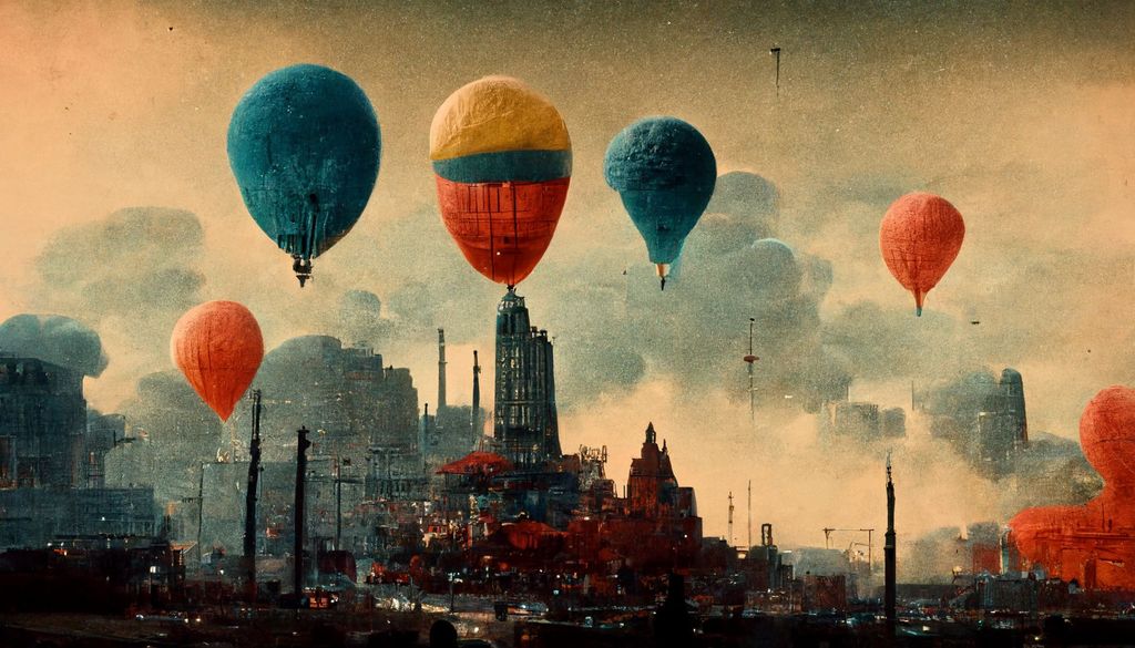 Prompt: colorful hot air balloons flying in the foreground, gray background of a city, 1940s, octane 8k max detail