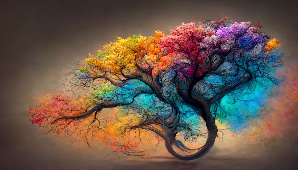 Prompt: colorful tree of life, swirled gray colors in the background, photorealistic 8k max