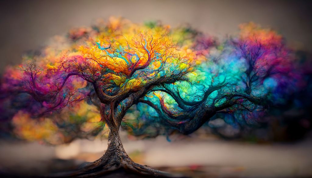 Prompt: colorful tree of life, swirled gray colors in the background, photorealistic 8k max