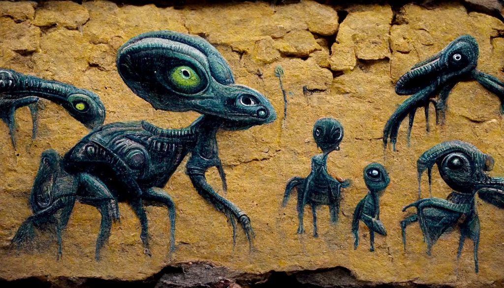 Prompt: aliens portraited on prehistoric wall pantings, painted as a 5 year old, max detail 8k