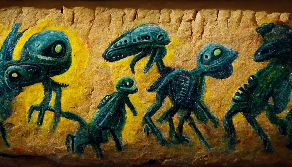 Prompt: aliens portraited on prehistoric wall pantings, painted by a 5 year old, max detail 8k