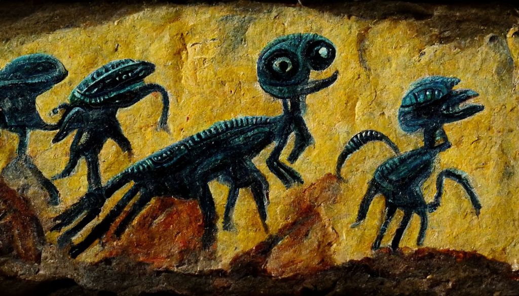 Prompt: aliens portraited on prehistoric wall pantings, painted by a 5 year old, max detail 8k