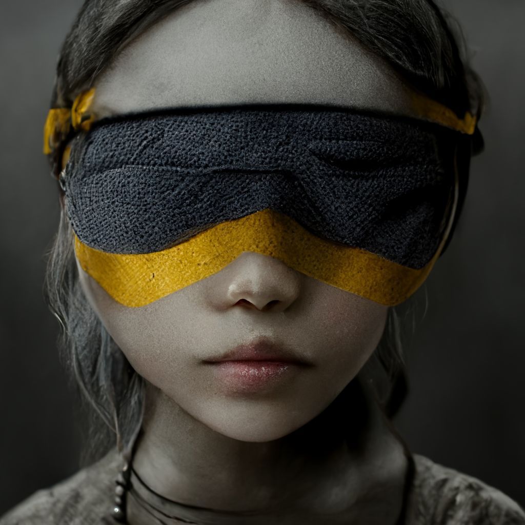 Prompt: gray photo of blindfolded girl, blindfold is yellow, unreal engine max detail