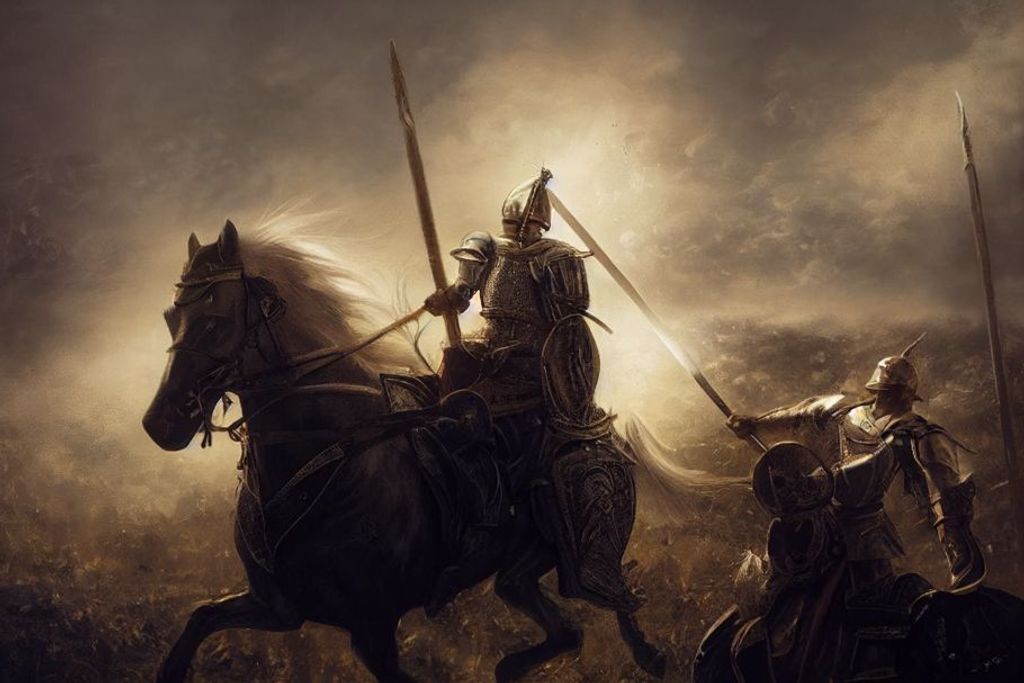 Prompt: a chadly blond knight riding on a decorated war horse into battle, flirty, handsome, beautiful, swoon, charming, D&D, Background + a light shining from the heavens down on the knight's face, cinamatic, intricate, 8k