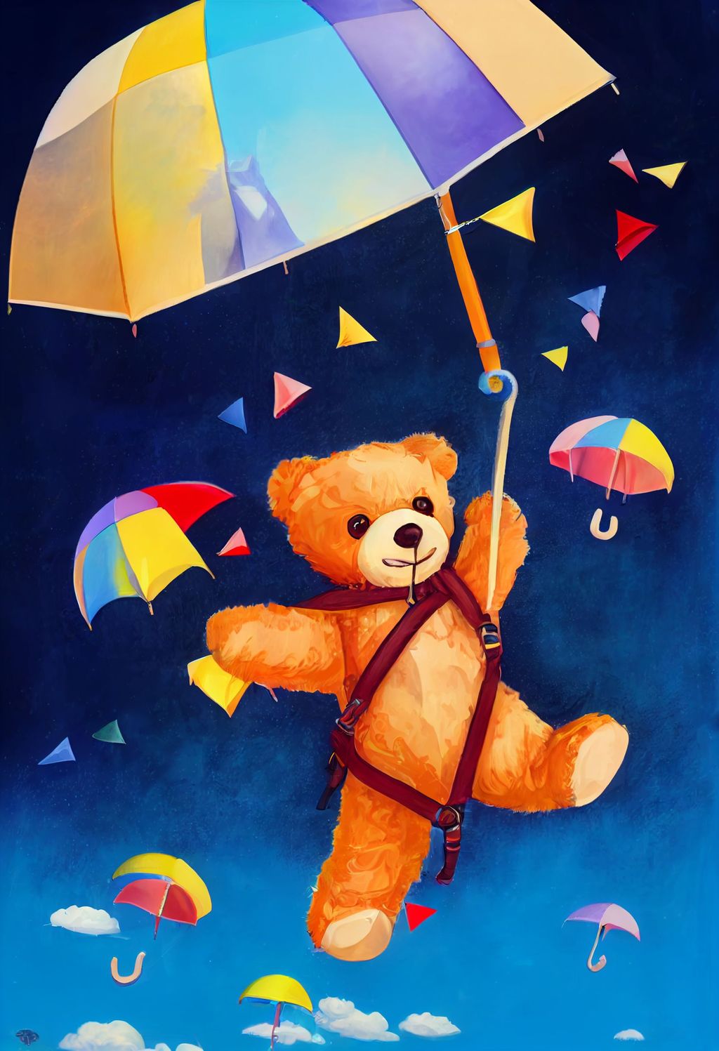 Prompt: teddybear skydive with a umbrella, fantasy cartoon