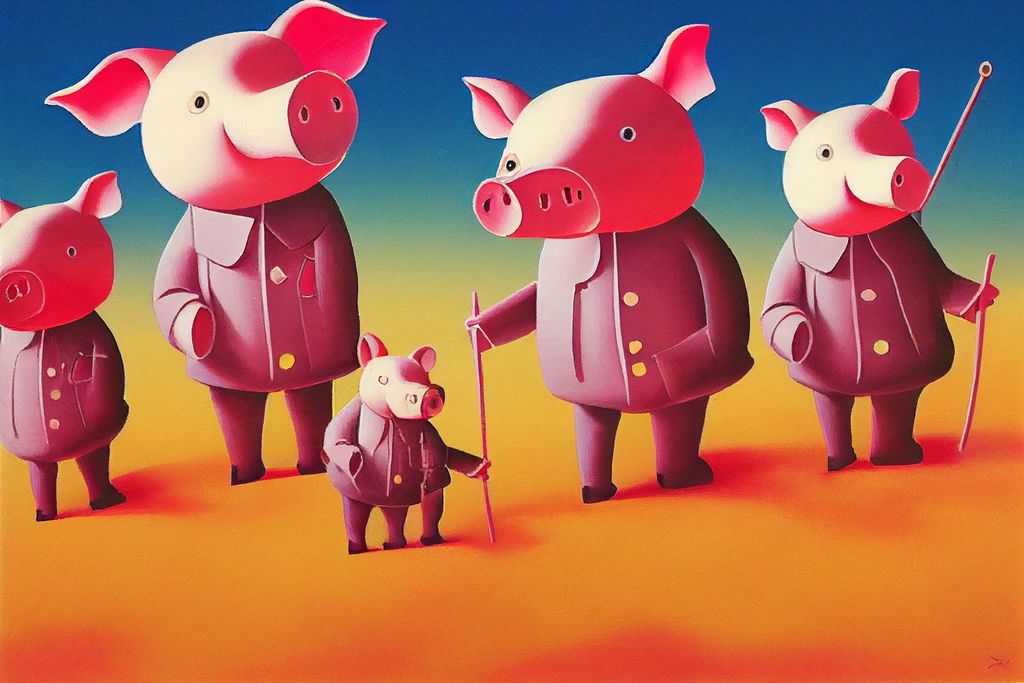 Prompt: three little pigs going to funky town, contemporary art