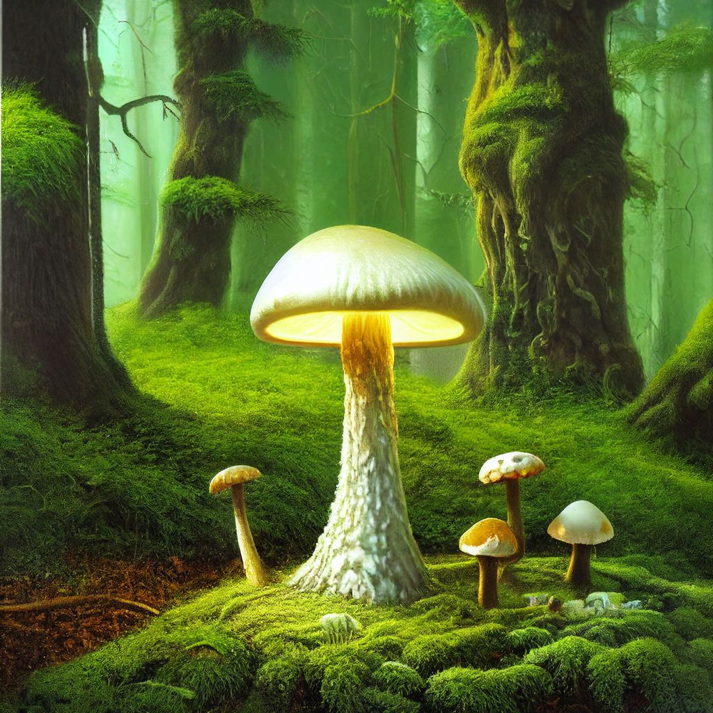 a mushroom latern lights up the mossy forest floor | OpenArt