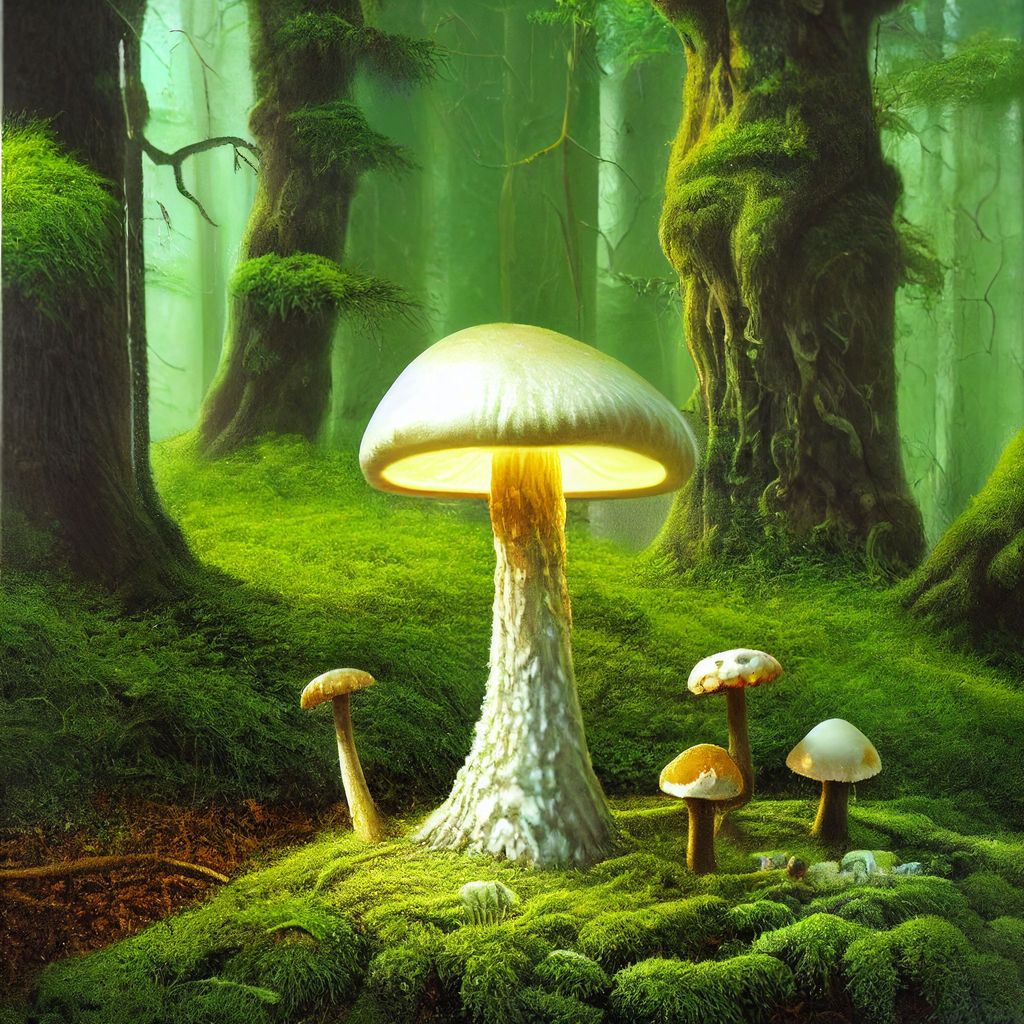 Prompt: a mushroom latern lights up the mossy forest floor, max detail