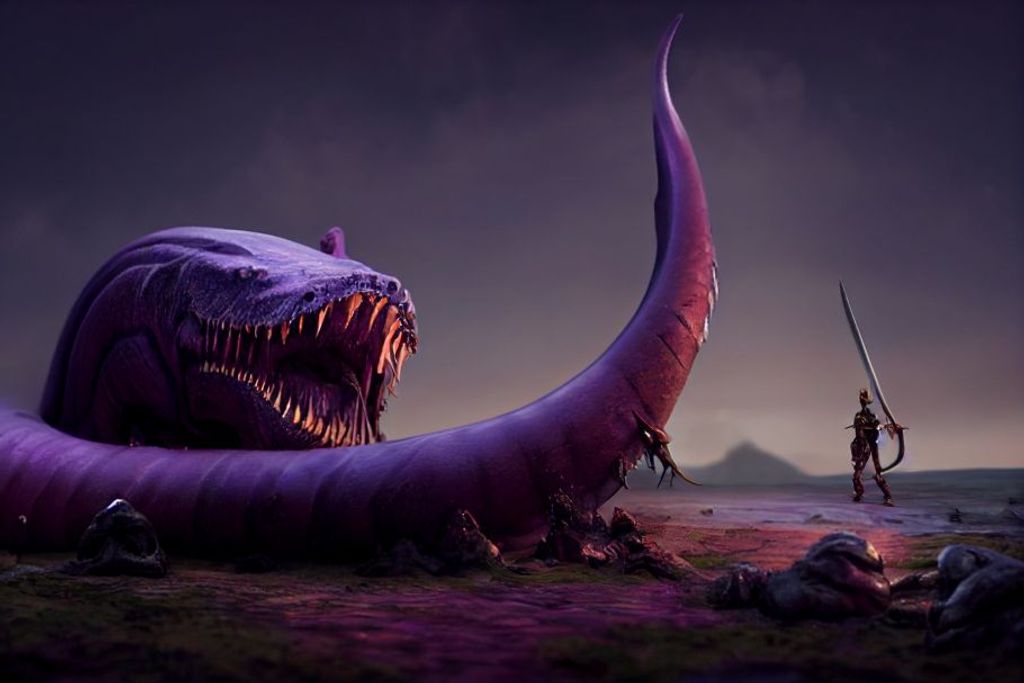 Prompt: Macro Whip in the shape of a purple fat Giant leviathan growing from the ground attacking soldiers + Real giant Sea Lamprey teeth for head, Background + realistic toy knights + macro rocky ground and cliffs, large scales, the longest sharpest teeth, an army of tiny knight attacking, realistic, cinematic, D&D, 8k, Octane Render