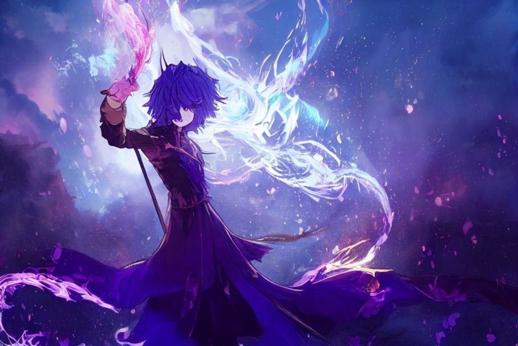 Prompt: Wide Angle Shot, Style of Kozaki Yusuke + Argon/Exys Inc, a cute purple hair girl with blue flames growing from the palm of her hand attacking the sky + spellcasting, braided messy hair, bright blue eyes, purple flapper dress + golden armor, Background + A midevel war battleground, dramatic backlighting, natural style painting, muted tones, soft colors