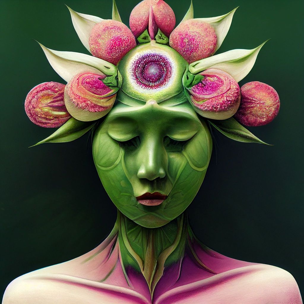Prompt: Gaïa, cosmic nature plant goddess, faceless entity, symbolical, green, pink