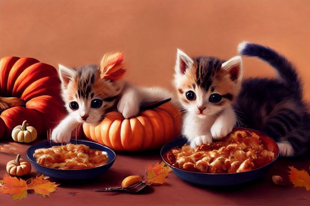 Prompt: the most adorable kittens playing on a thanksgiving feast in all the food, making a mess, cute, hyper realistic fur, best looking food in the world, soft cuted colors, digital painting