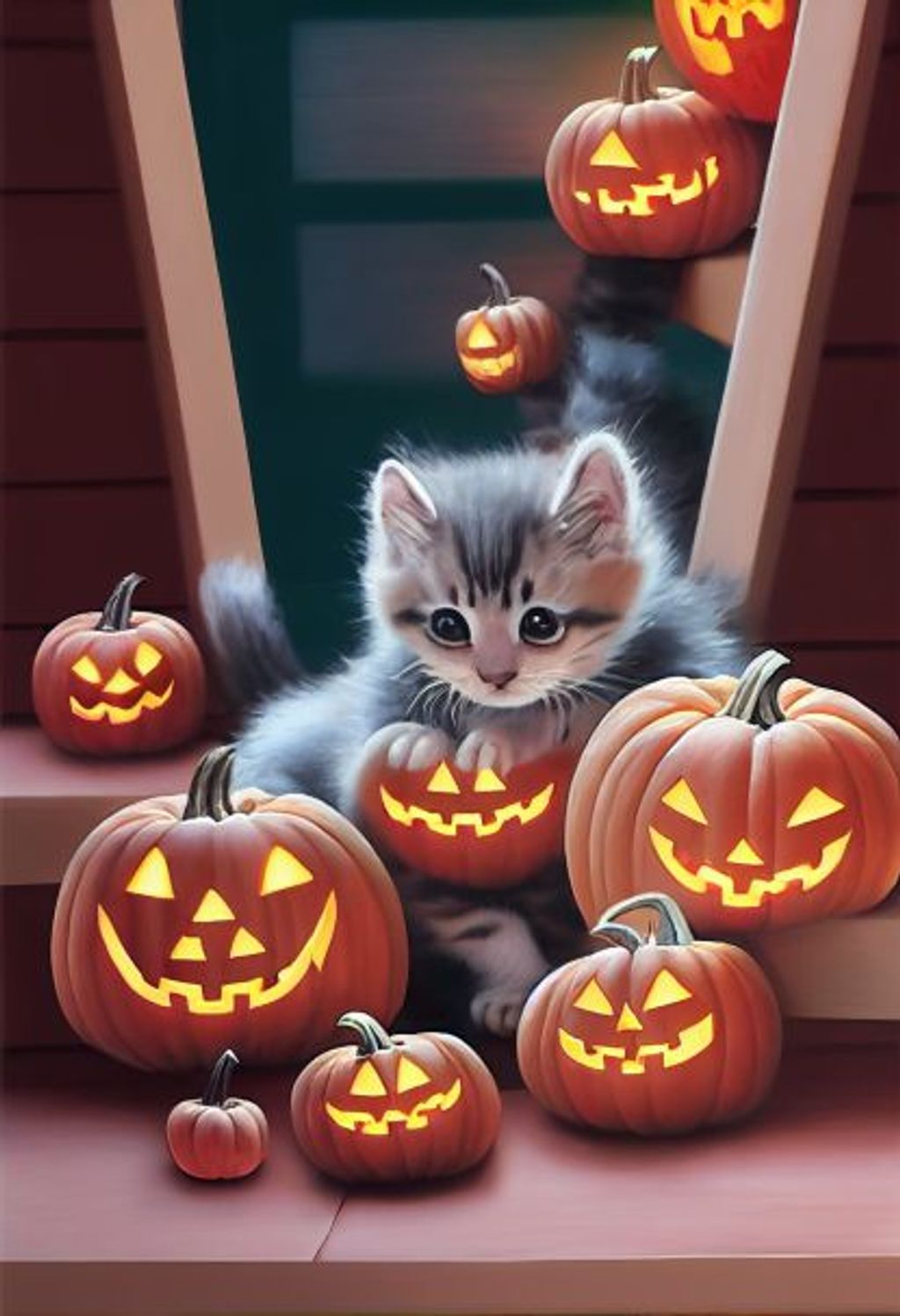 Prompt: Kittens playing in carved pumpkins on a porch, Background + a white porch decorated for halloween, cute, hyper realistic fur, kawaii, soft muted colors, digital painting, 