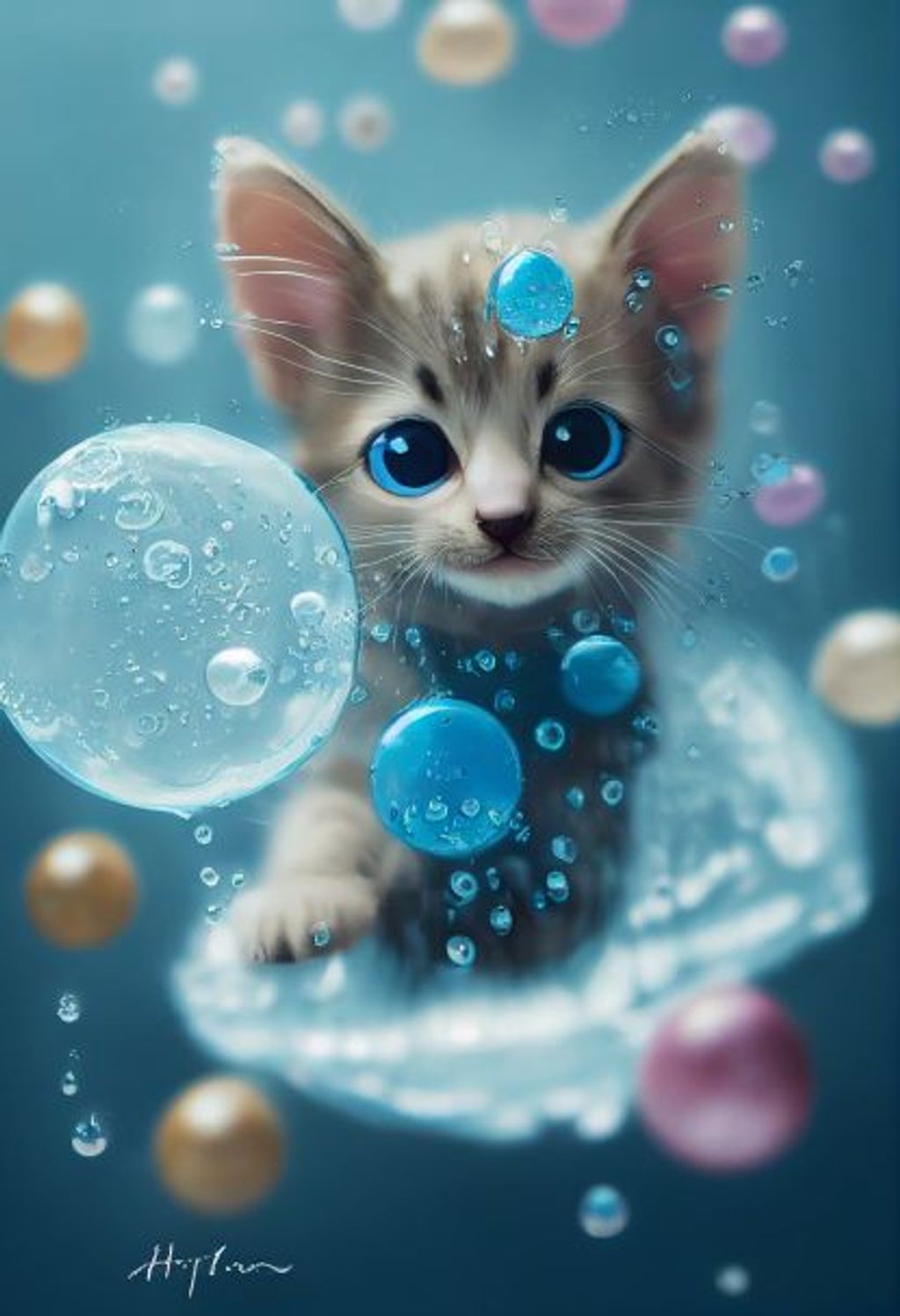 Prompt: a kitten made completely of water flying above an ocean leaving a trail of droplets, splashing, puddles, fun, cute, soft fur, fairy, sprite, fae, blue tones, soft edges, digitally painted by pixar 