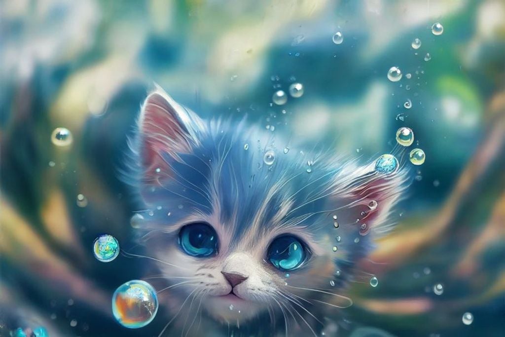 Prompt: a kitten made completely of water flying above an ocean leaving a trail of droplets, splashing, puddles, fun, cute, soft fur, fairy, sprite, fae, blue tones, soft edges, digitally painted by pixar