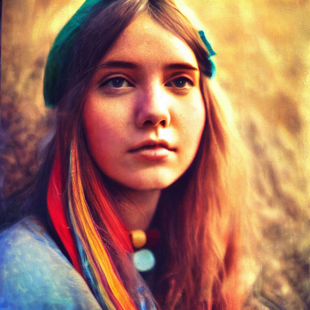 Prompt: hippie girl 60s, portrait max detail