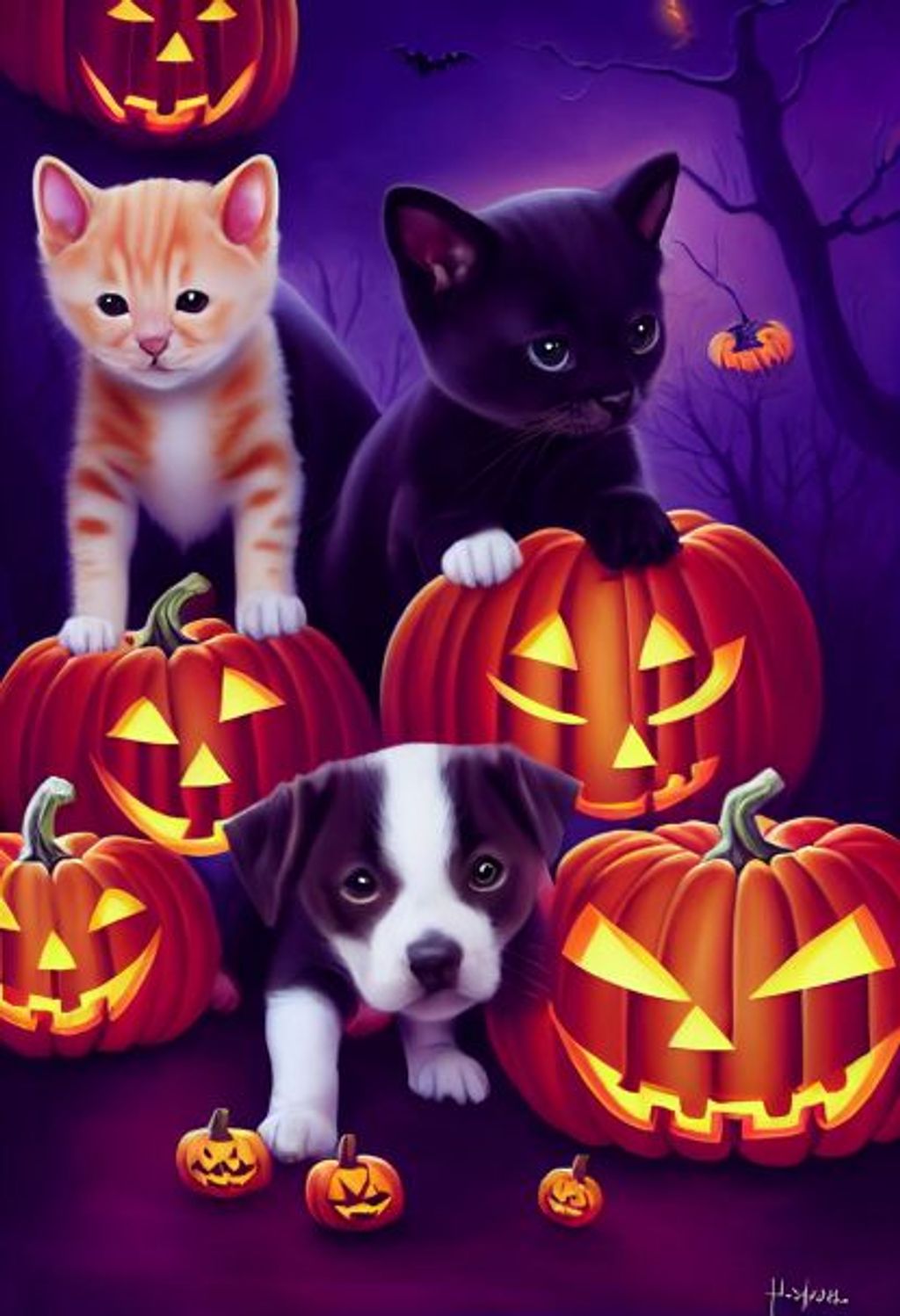 Prompt: the cutest kittens and pitbull puppies playing together, halloween themed, cute, happy, relaxing, soft colors, digital painting 