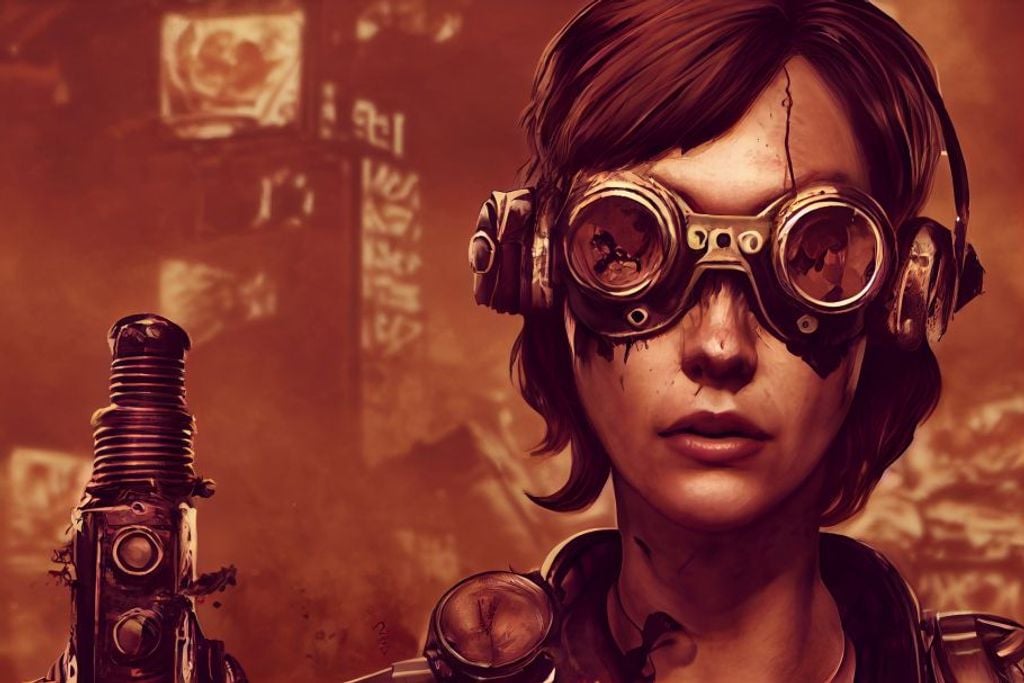 Prompt: Style of Bethesda's Fallout, character concept, mix human + Android, a woman with long brown wavy hair + long messy emo hair over one eye, Background + tall crumbling city + zombies, futuristic steampunk goggles, alluring blue eyes, Chanel makeup, blue T-Shirt with picture, bound in leather belts, Shotgun over shoulder, intricate details, realistic, 75mm 
