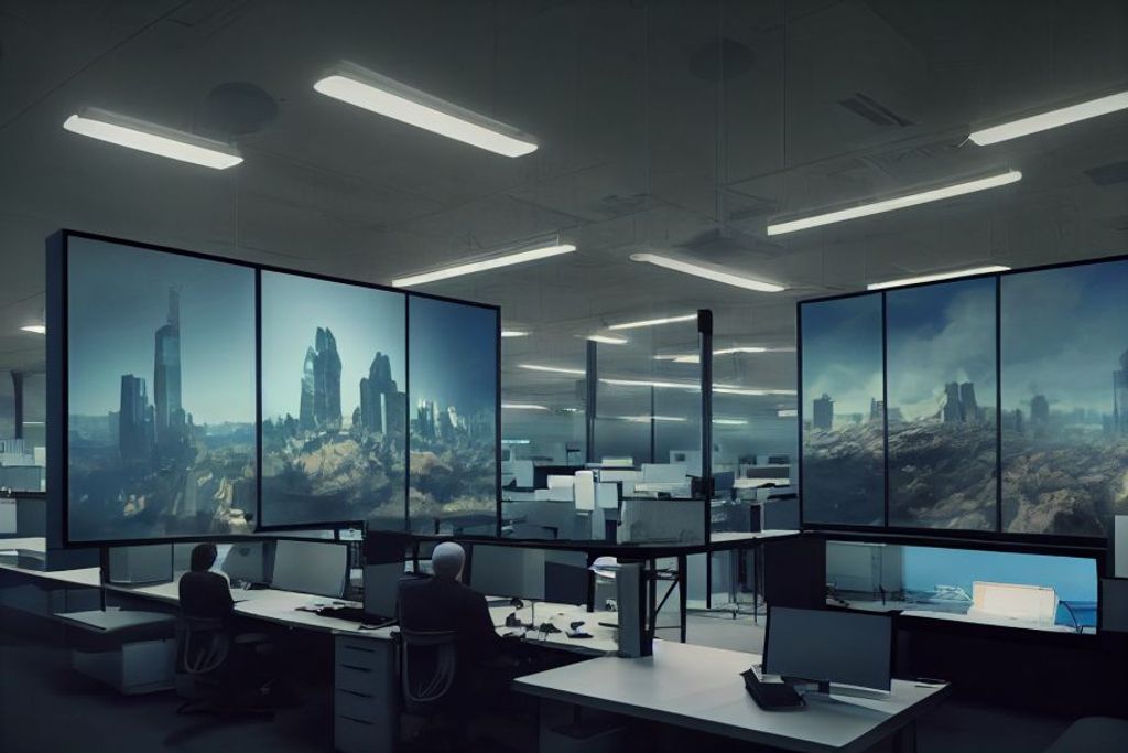 Prompt: a futuristic office full of security TVs, computerized, repugnance