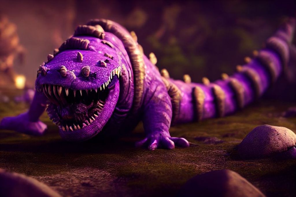 Prompt: purple fat Giant leviathan growing from the ground attacking soldiers + Real giant Sea Lamprey teeth for head, Background + realistic toy knights + macro rocky ground and cliffs, large scales, the longest sharpest teeth, an army of tiny knight attacking, realistic, cinematic, D&D, 8k, Octane Render