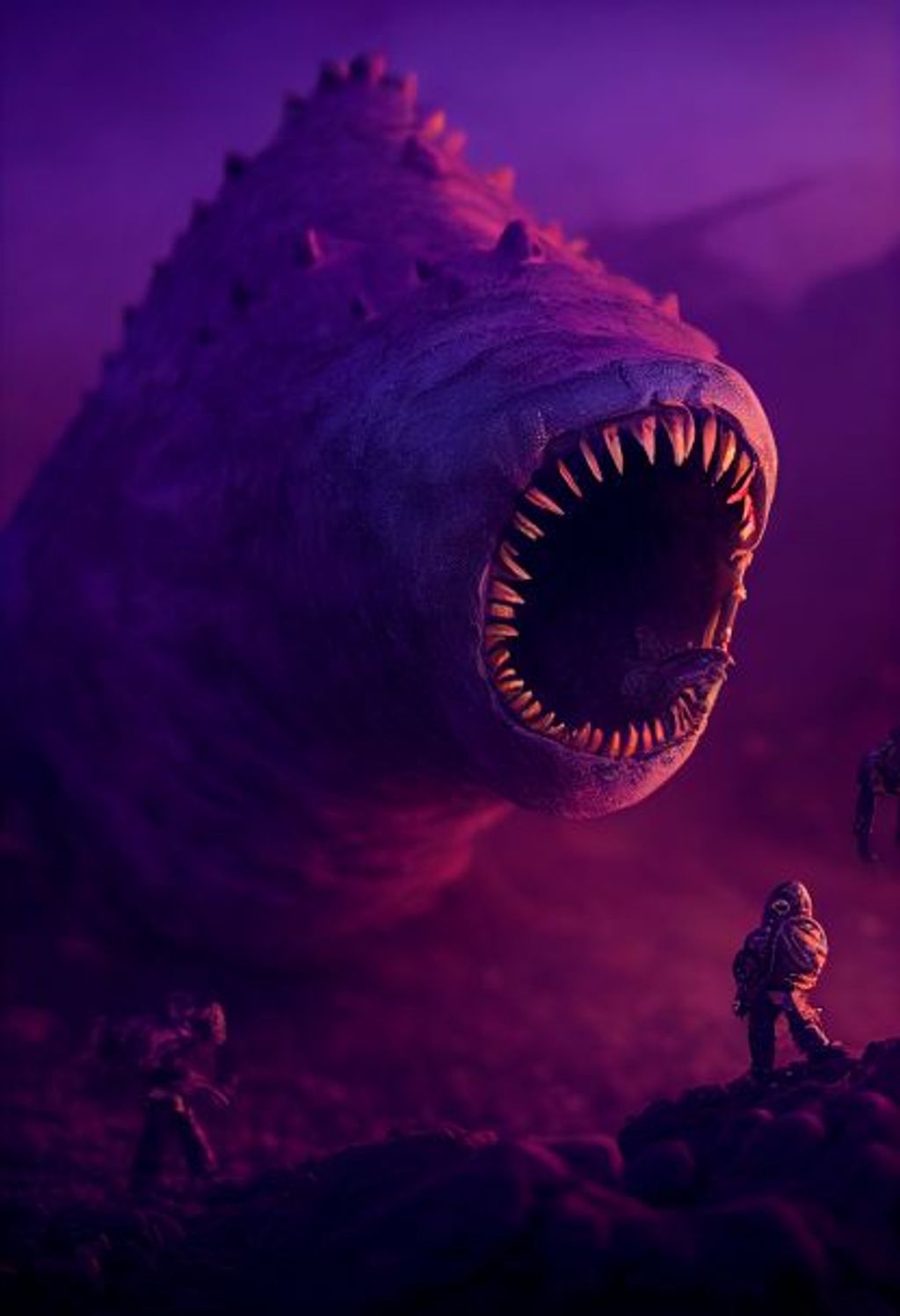 Prompt: purple fat Giant leviathan growing from the ground attacking soldiers + Real giant round Sea Lamprey teeth for head, Background + realistic toy knights + macro rocky ground and cliffs, large scales, the longest sharpest teeth, an army of tiny knight attacking, realistic, cinematic, D&D, 8k, Octane Render 