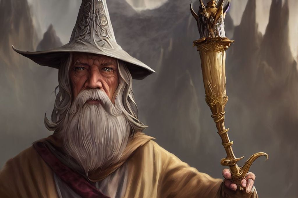 Prompt: charater concept full body, a wizard that looks like Gandalf, tall pointed hat, ornate robes, magic staff, smoking a long pipe, golden cat eyes, background + the misty mountains + long winding paths + tall old trees, aged, wise, wrinkles, dungeons and dragons, octane render, unreal engine 5, intricate details,