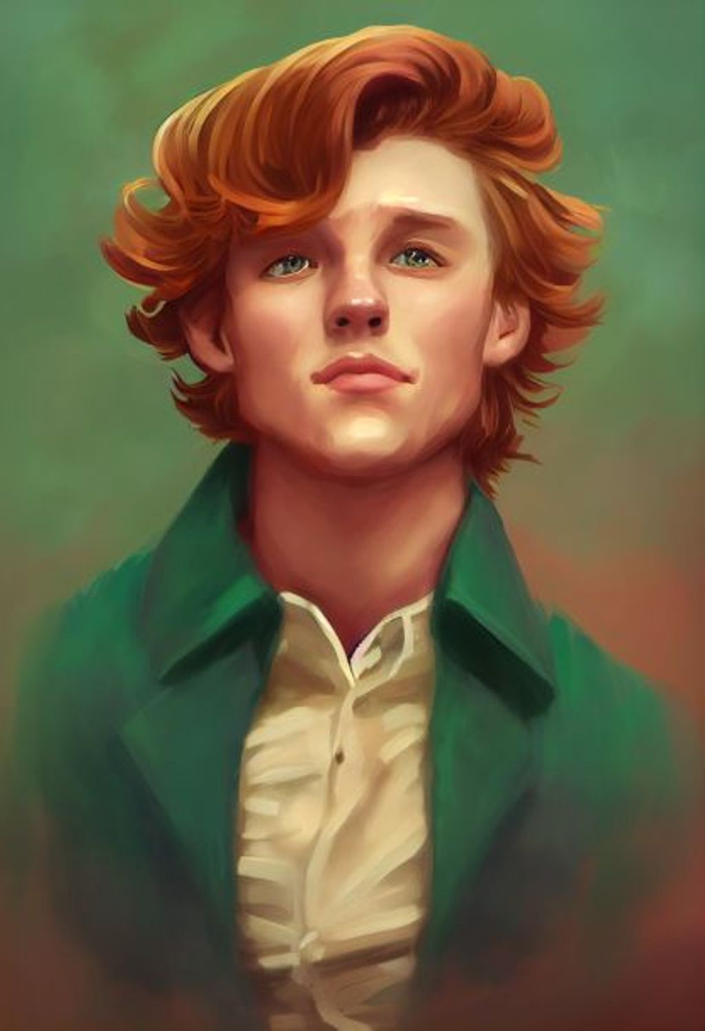 Prompt: side view, character concept, Young Handsome ginger man with short wavy hair falling over one eye leaning forward for a kiss, puckered lips, brown eyes, green victorian shirt, flirty, realistic, soft colors, digital painting, photorealism