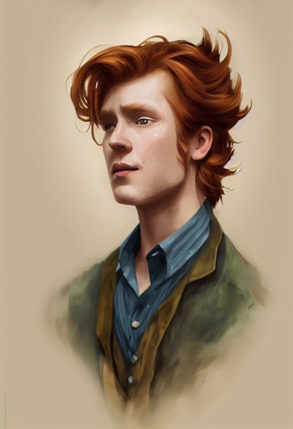 Prompt: side view, character concept, Young Handsome ginger man with short wavy hair falling over one eye leaning forward for a kiss, puckered lips, brown eyes, green victorian shirt, flirty, realistic, soft colors, digital painting, photorealism